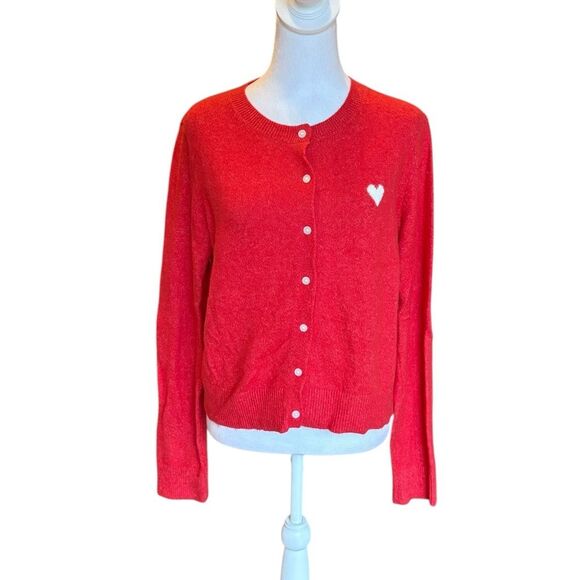 Old Navy Jacquard Cozy Knit Cardigan Sweater Red With White Heart Womens Medium - Picture 1 of 11